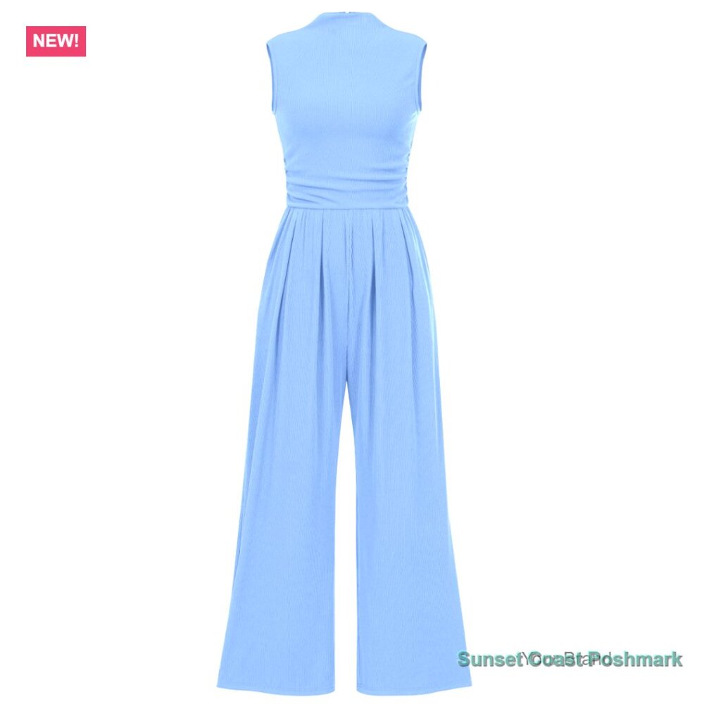 Sleeveless Mock Neck Wide Leg Jumpsuit with Pockets Light Blue New